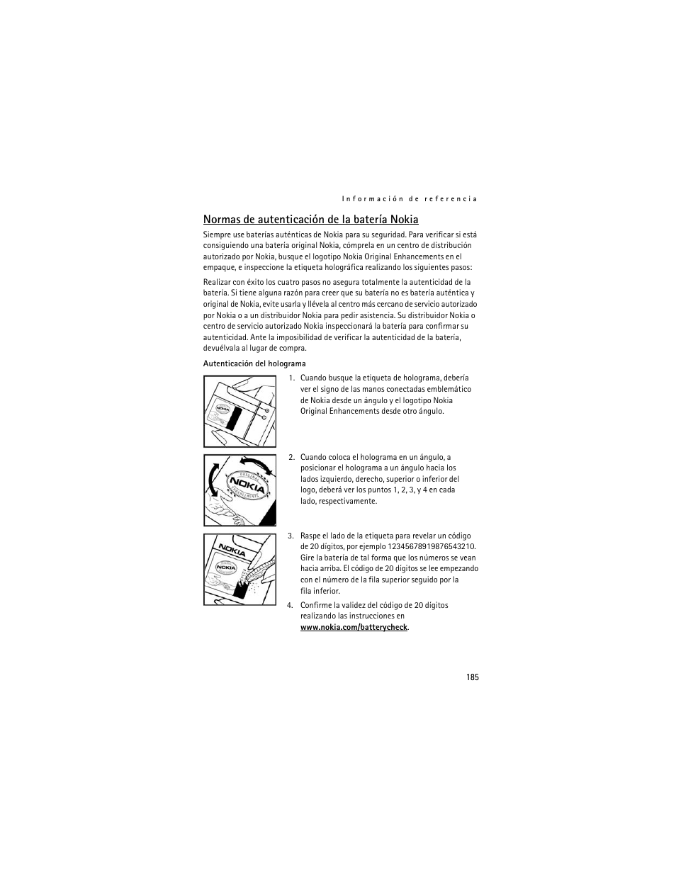 Normas de autenticación de la batería nokia | Nokia 8801 User Manual | Page 186 / 209