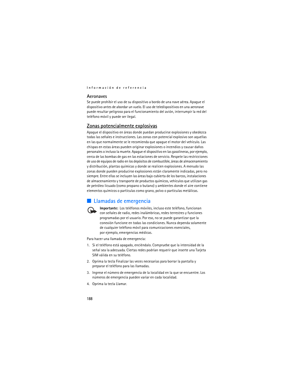 Llamadas de emergencia, Zonas potencialmente explosivas | Nokia 8801 User Manual | Page 189 / 209