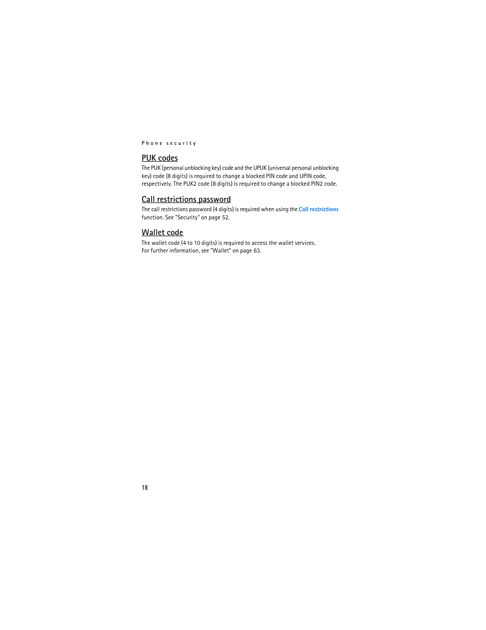 Puk codes, Call restrictions password, Wallet code | Nokia 8801 User Manual | Page 19 / 209