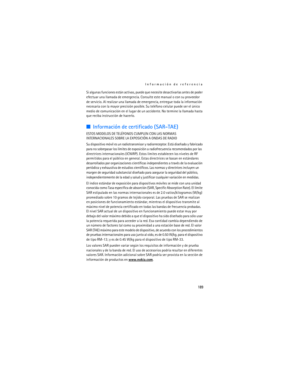 Información de certificado (sar-tae) | Nokia 8801 User Manual | Page 190 / 209