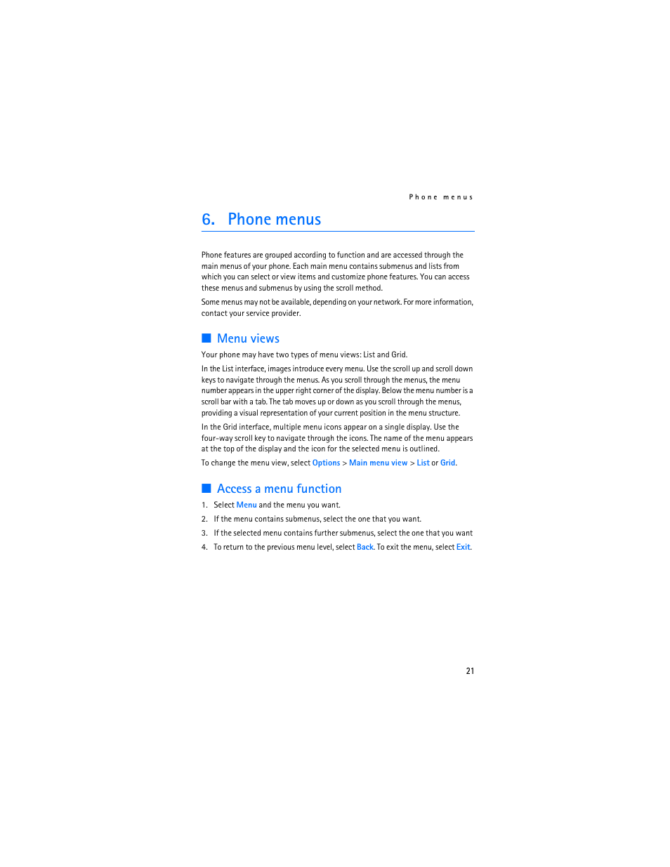 Phone menus, Menu views, Access a menu function | Nokia 8801 User Manual | Page 22 / 209