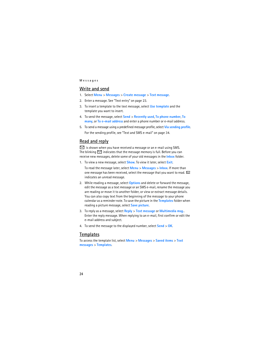 Write and send, Read and reply, Templates | Nokia 8801 User Manual | Page 25 / 209