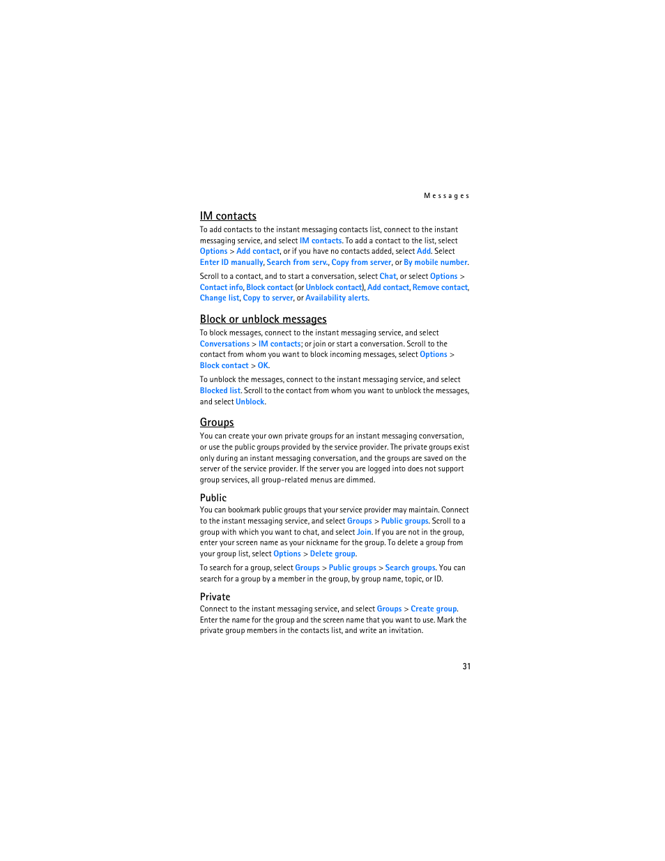Im contacts, Groups, Block or unblock messages | Nokia 8801 User Manual | Page 32 / 209