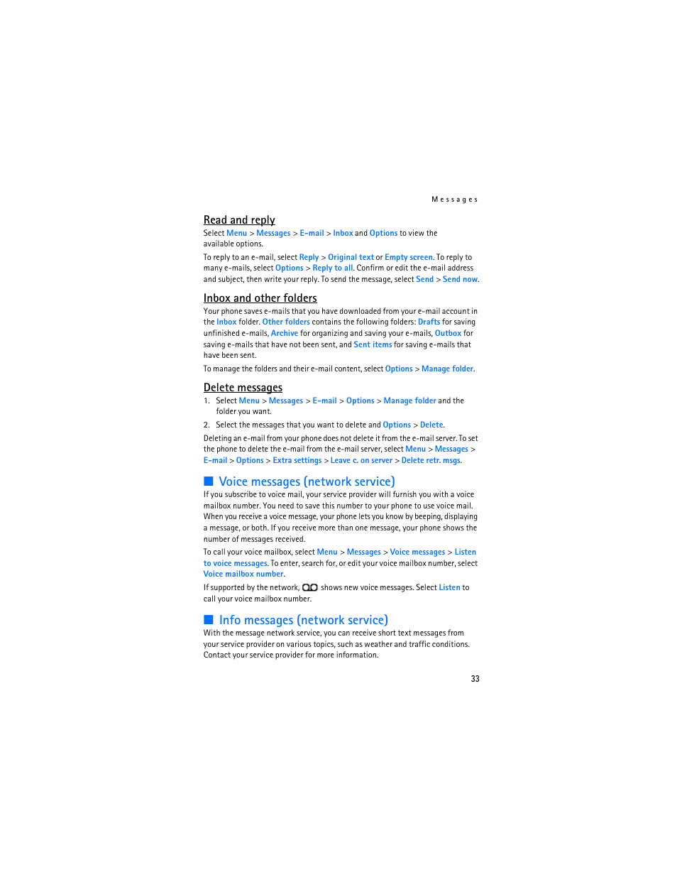 Voice messages (network service), Info messages (network service), Read and reply | Inbox and other folders, Delete messages | Nokia 8801 User Manual | Page 34 / 209