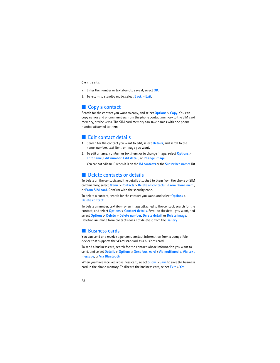 Copy a contact, Edit contact details, Delete contacts or details | Business cards | Nokia 8801 User Manual | Page 39 / 209