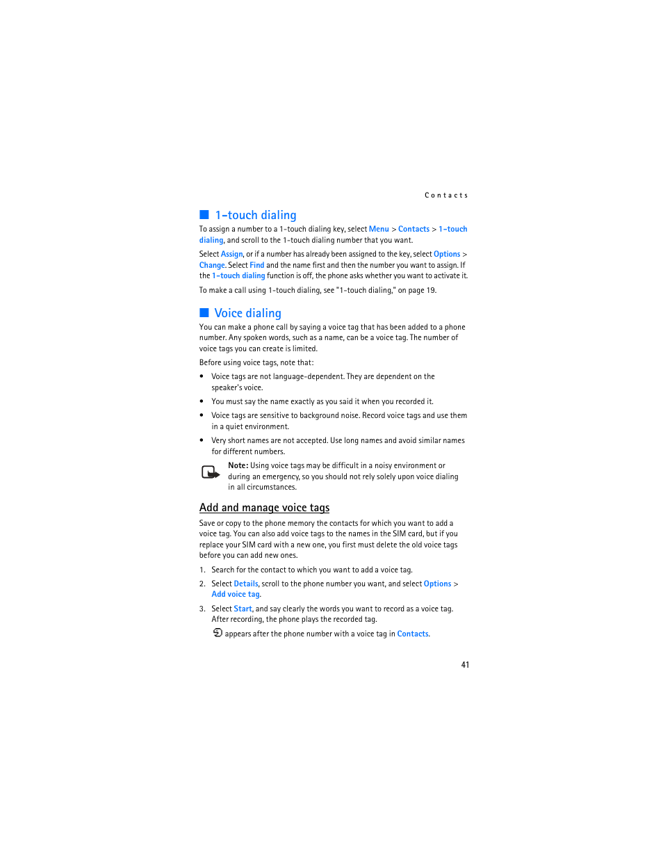 Touch dialing, Voice dialing, Add and manage voice tags | Nokia 8801 User Manual | Page 42 / 209