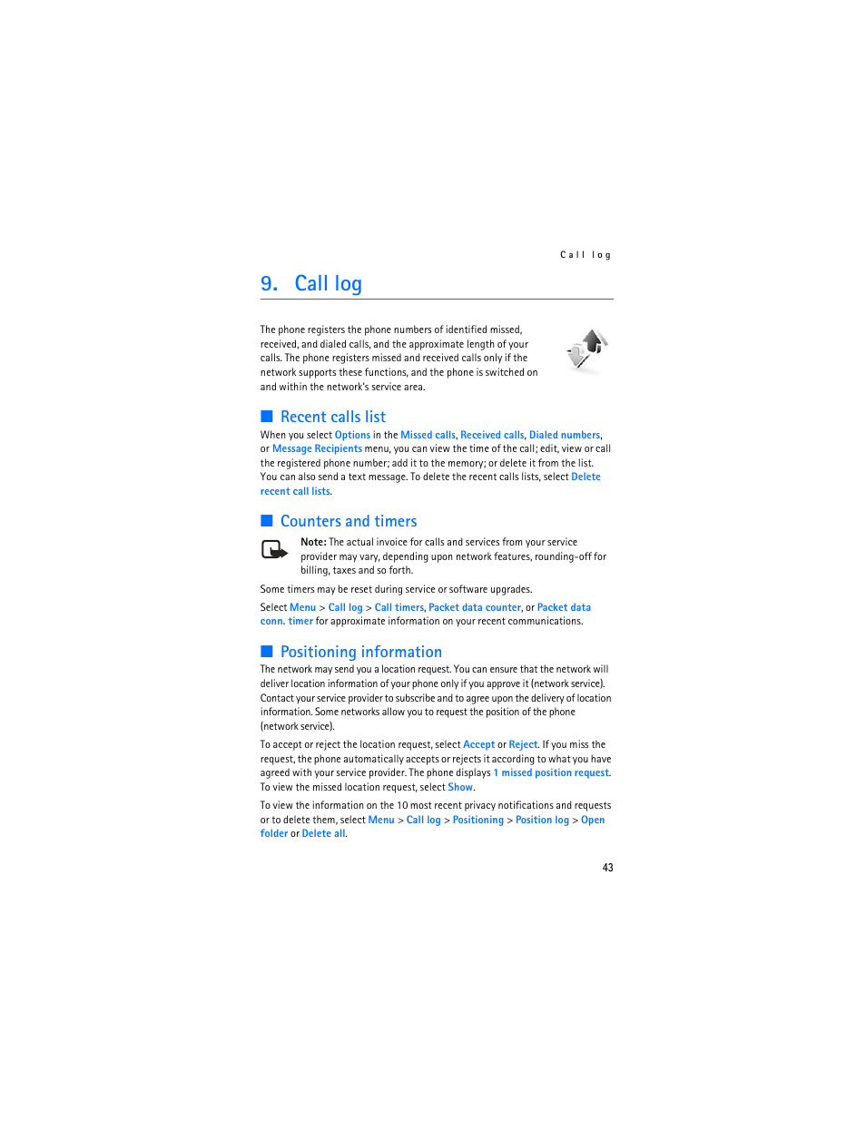 Call log, Recent calls list, Counters and timers | Positioning information | Nokia 8801 User Manual | Page 44 / 209