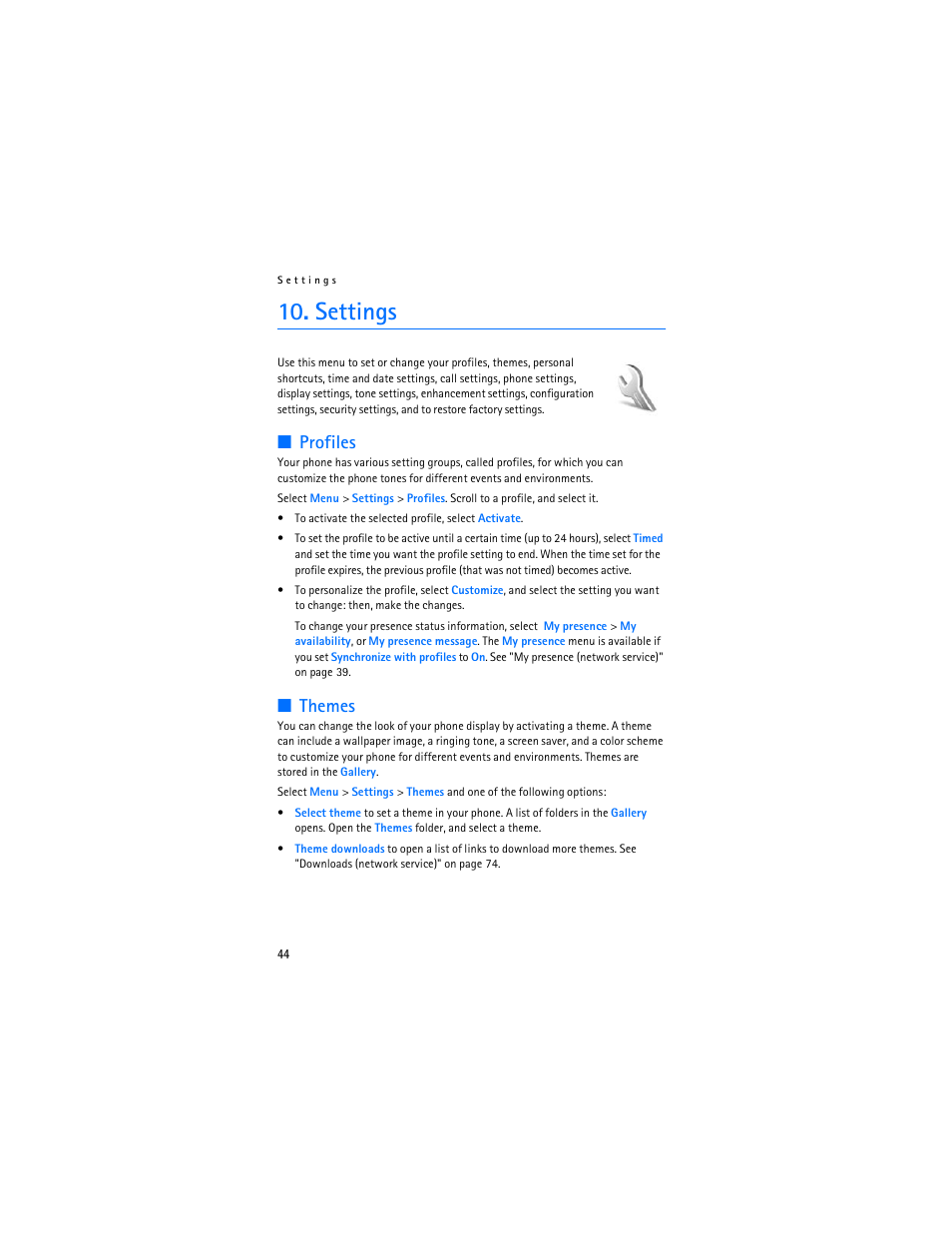 Settings, Profiles, Themes | Nokia 8801 User Manual | Page 45 / 209