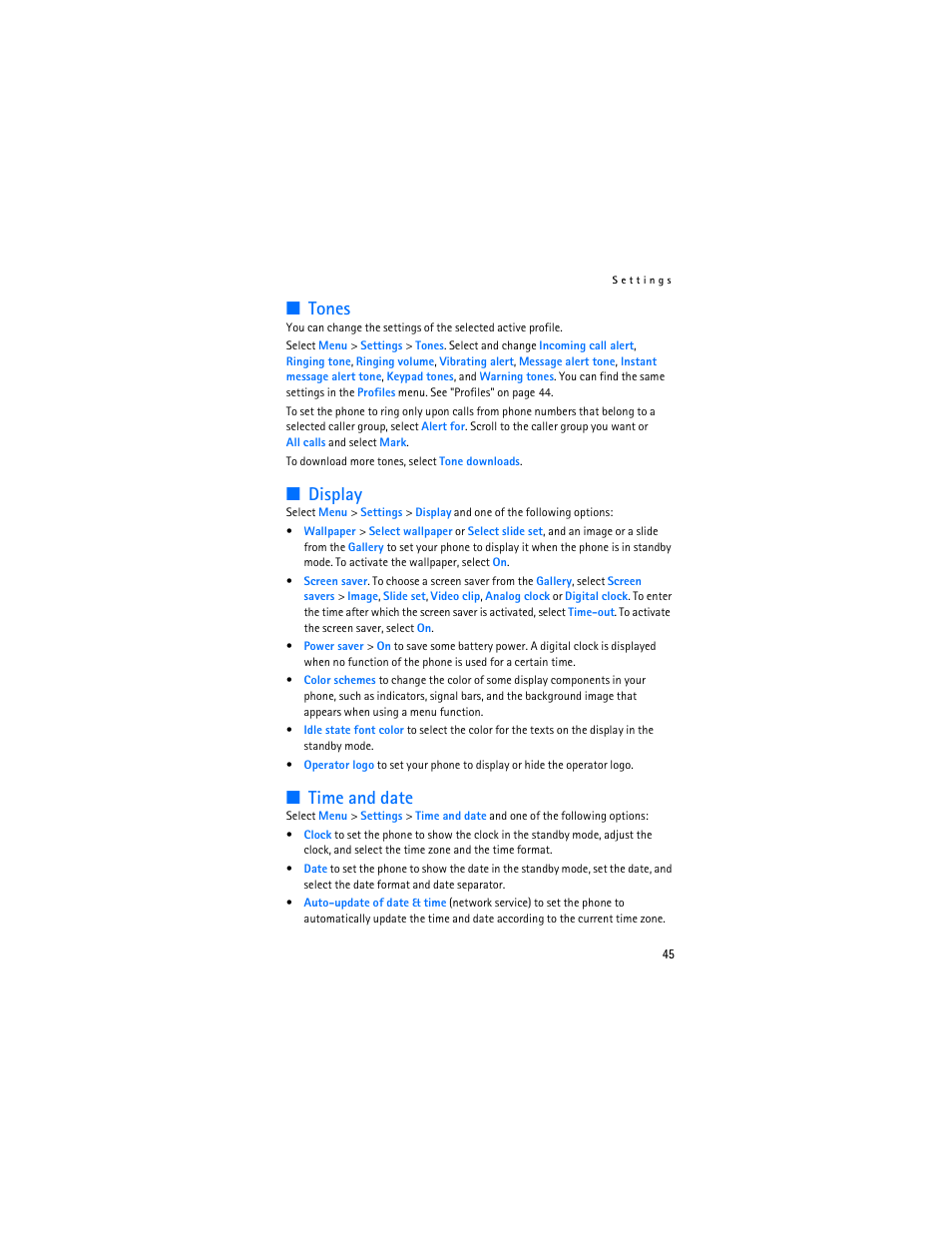 Tones, Display, Time and date | Nokia 8801 User Manual | Page 46 / 209