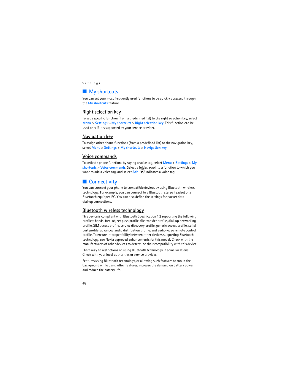 My shortcuts, Connectivity, Right selection key | Navigation key, Voice commands, Bluetooth wireless technology | Nokia 8801 User Manual | Page 47 / 209