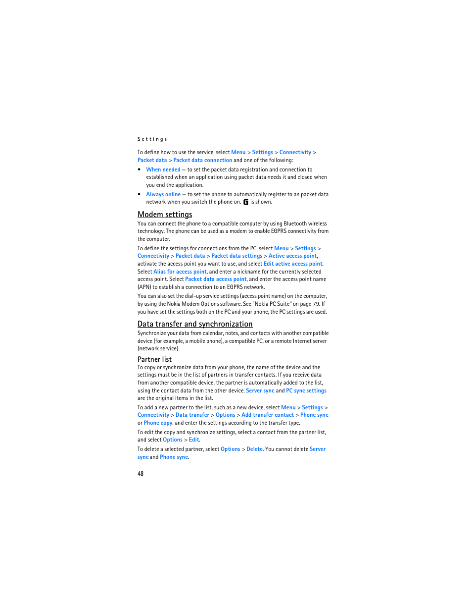 Modem settings, Data transfer and synchronization | Nokia 8801 User Manual | Page 49 / 209