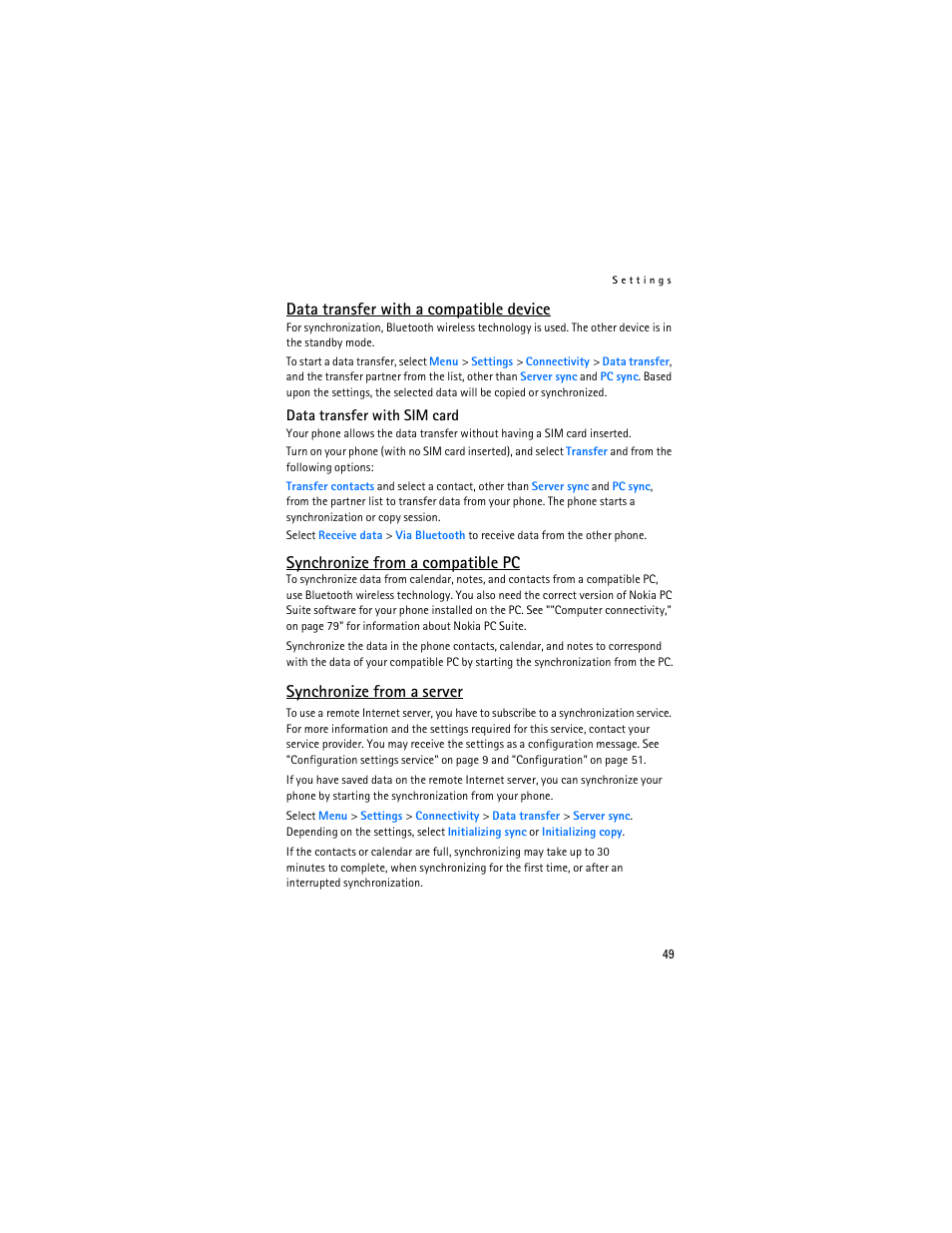 Data transfer with a compatible device, Synchronize from a compatible pc, Synchronize from a server | Nokia 8801 User Manual | Page 50 / 209