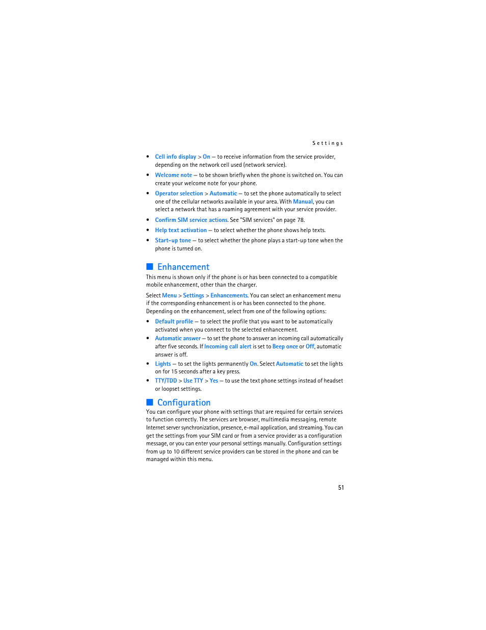 Configuration, Enhancement | Nokia 8801 User Manual | Page 52 / 209