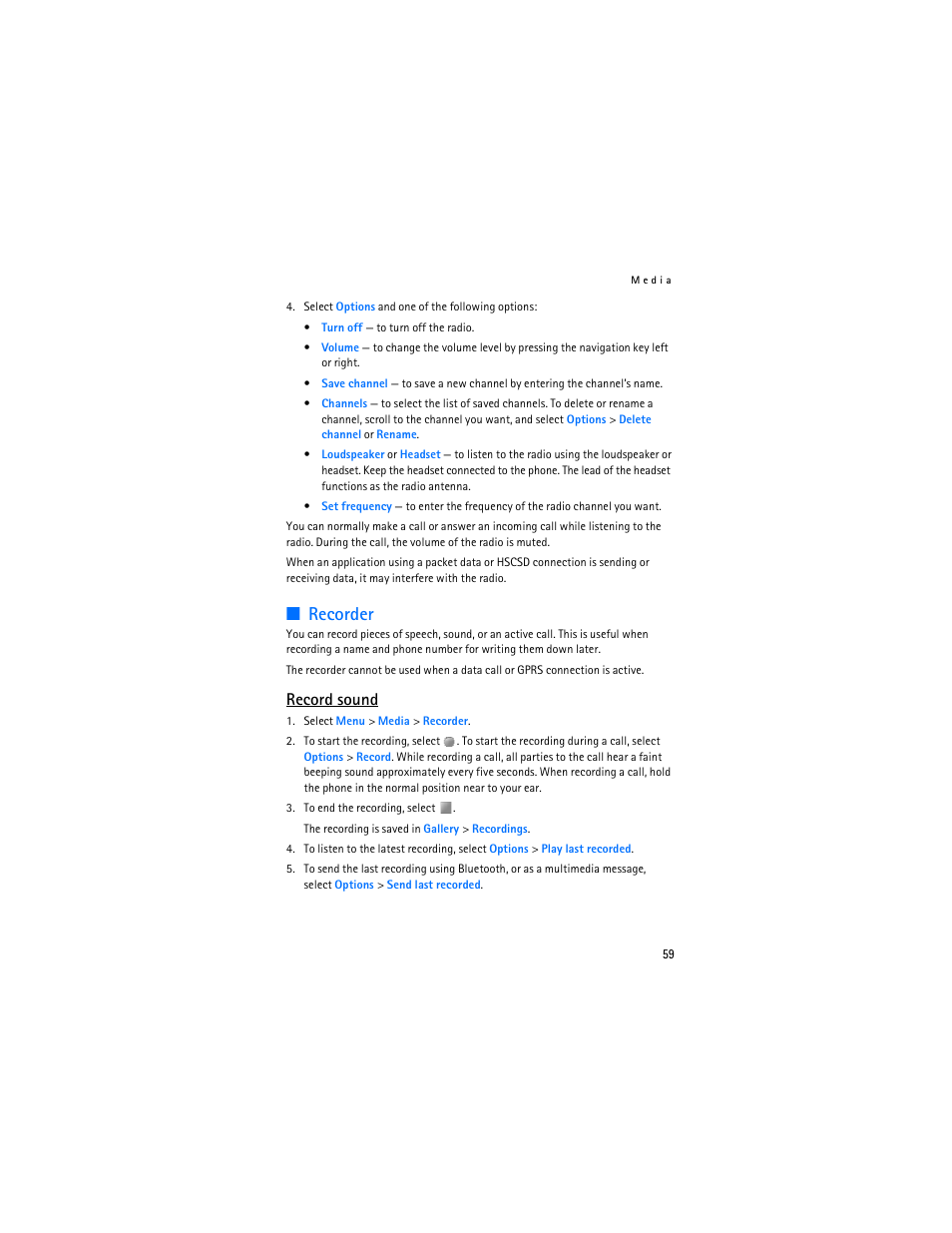 Recorder, Record sound | Nokia 8801 User Manual | Page 60 / 209