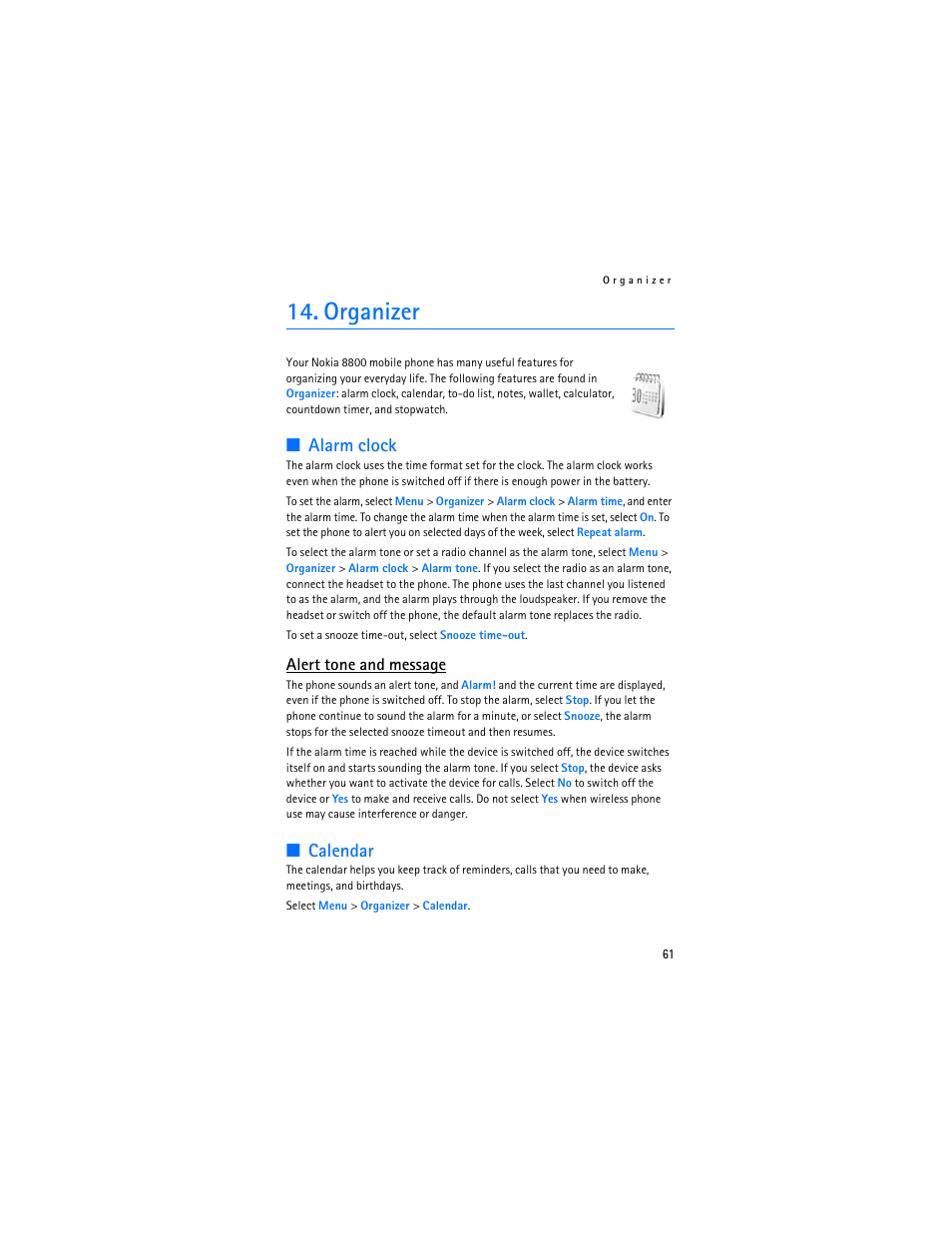 Organizer, Alarm clock, Calendar | Alert tone and message | Nokia 8801 User Manual | Page 62 / 209