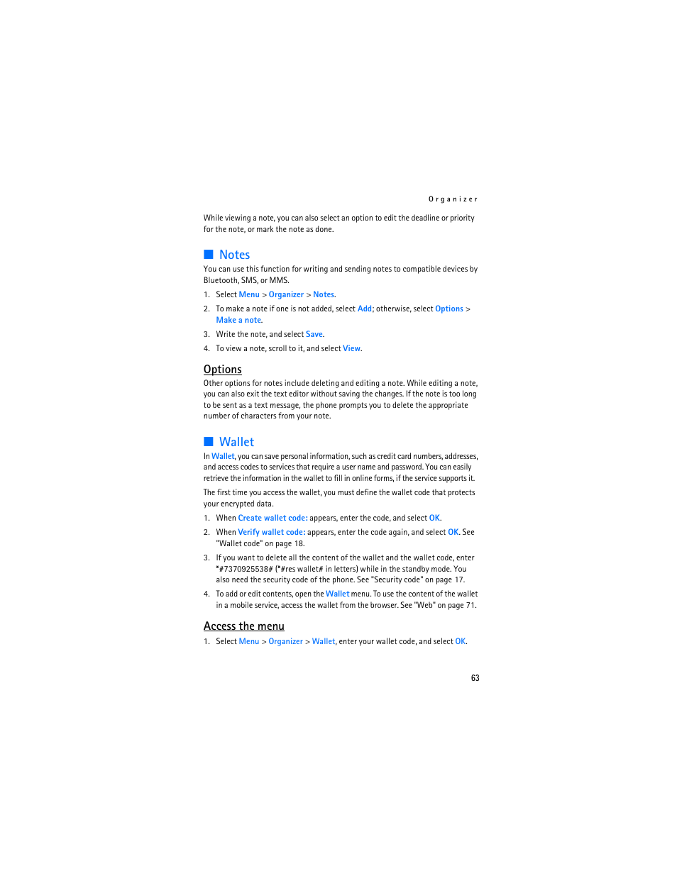 Wallet, Options, Access the menu | Nokia 8801 User Manual | Page 64 / 209