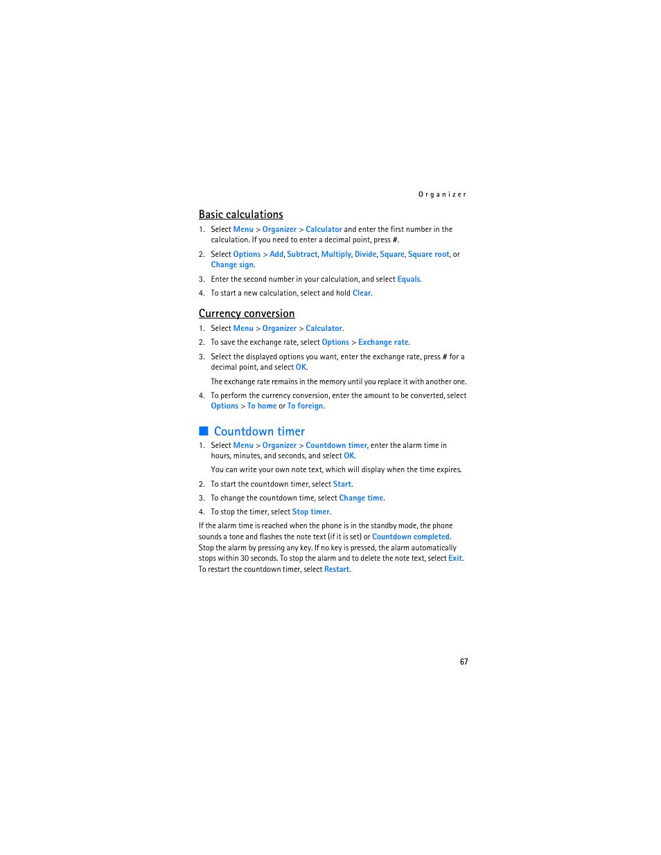 Countdown timer, Basic calculations, Currency conversion | Nokia 8801 User Manual | Page 68 / 209