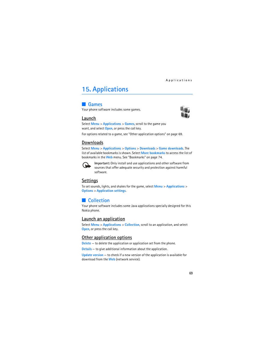 Applications, Games, Collection | Launch, Downloads, Settings, Launch an application, Other application options | Nokia 8801 User Manual | Page 70 / 209