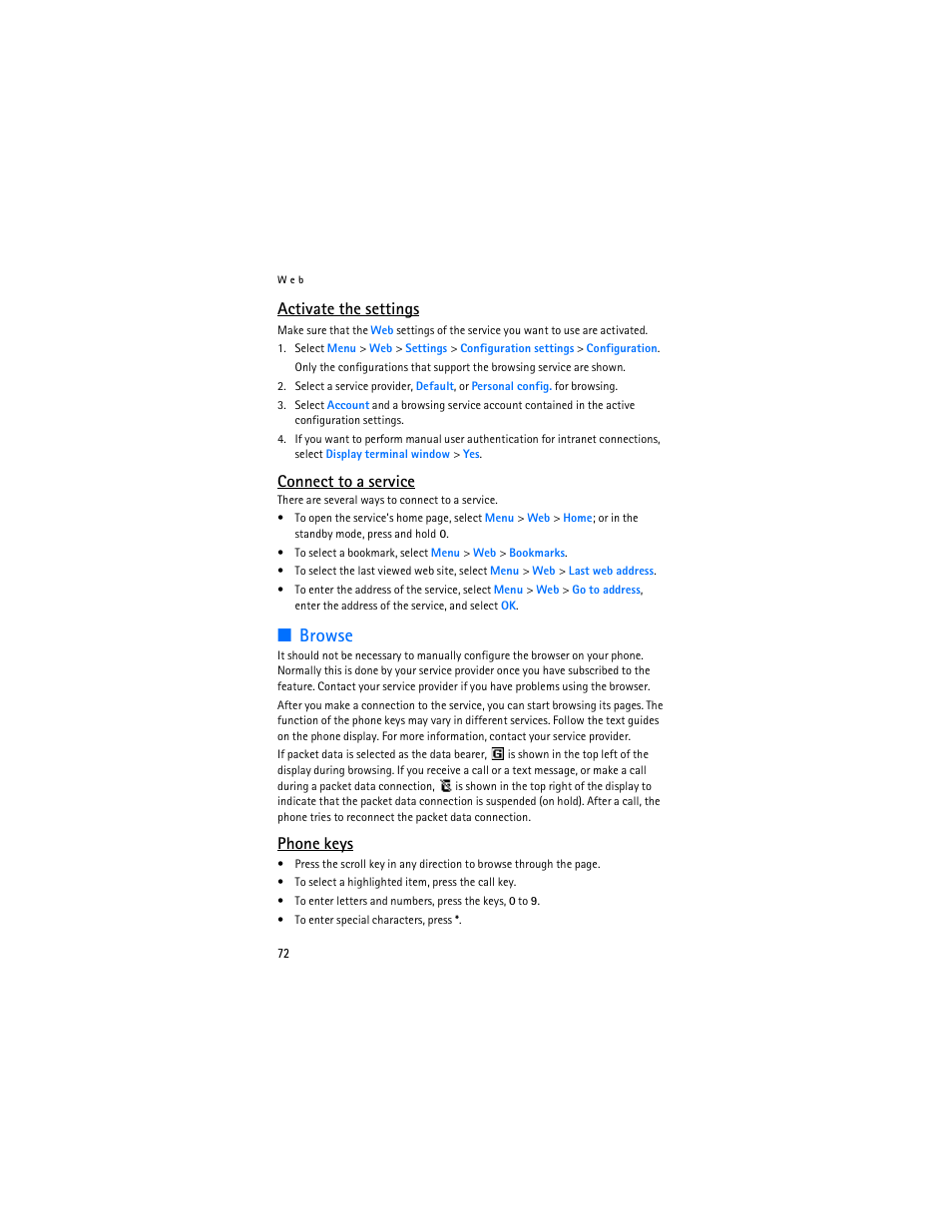 Ee "connect to a service, Browse, Activate the settings | Connect to a service, Phone keys | Nokia 8801 User Manual | Page 73 / 209
