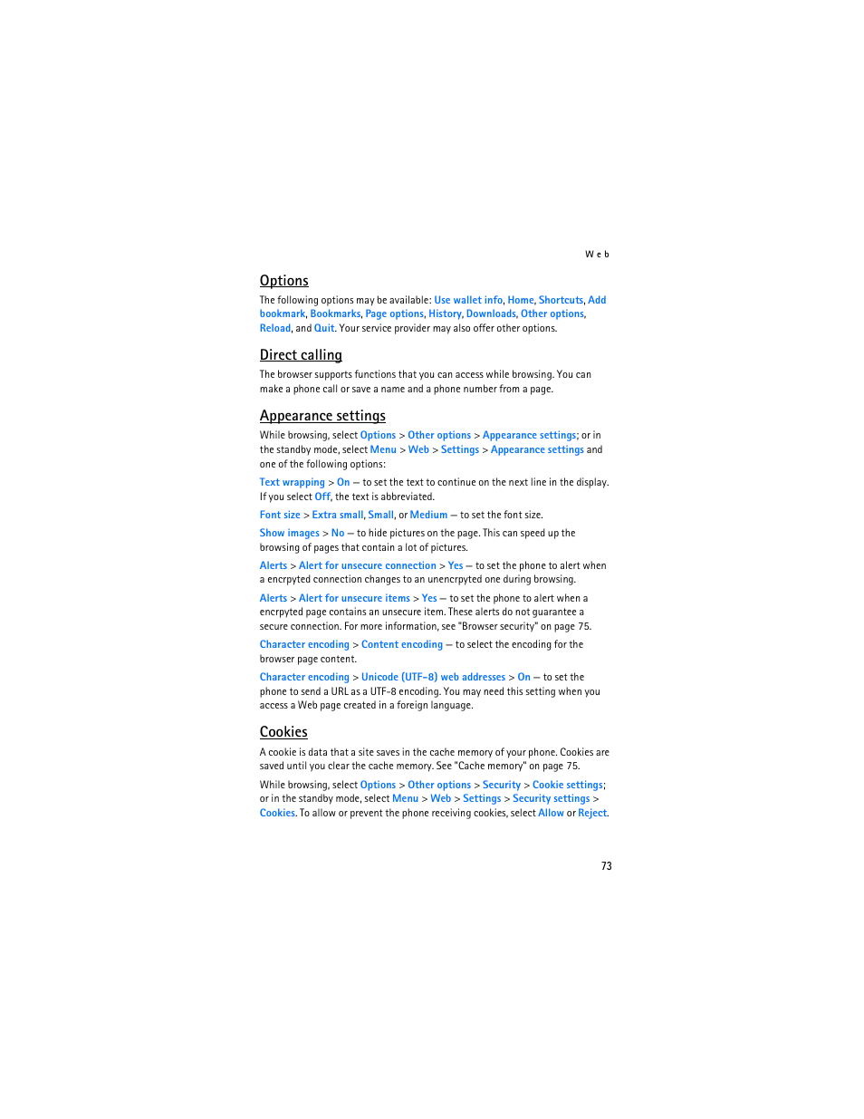 Options, Direct calling, Appearance settings | Cookies | Nokia 8801 User Manual | Page 74 / 209
