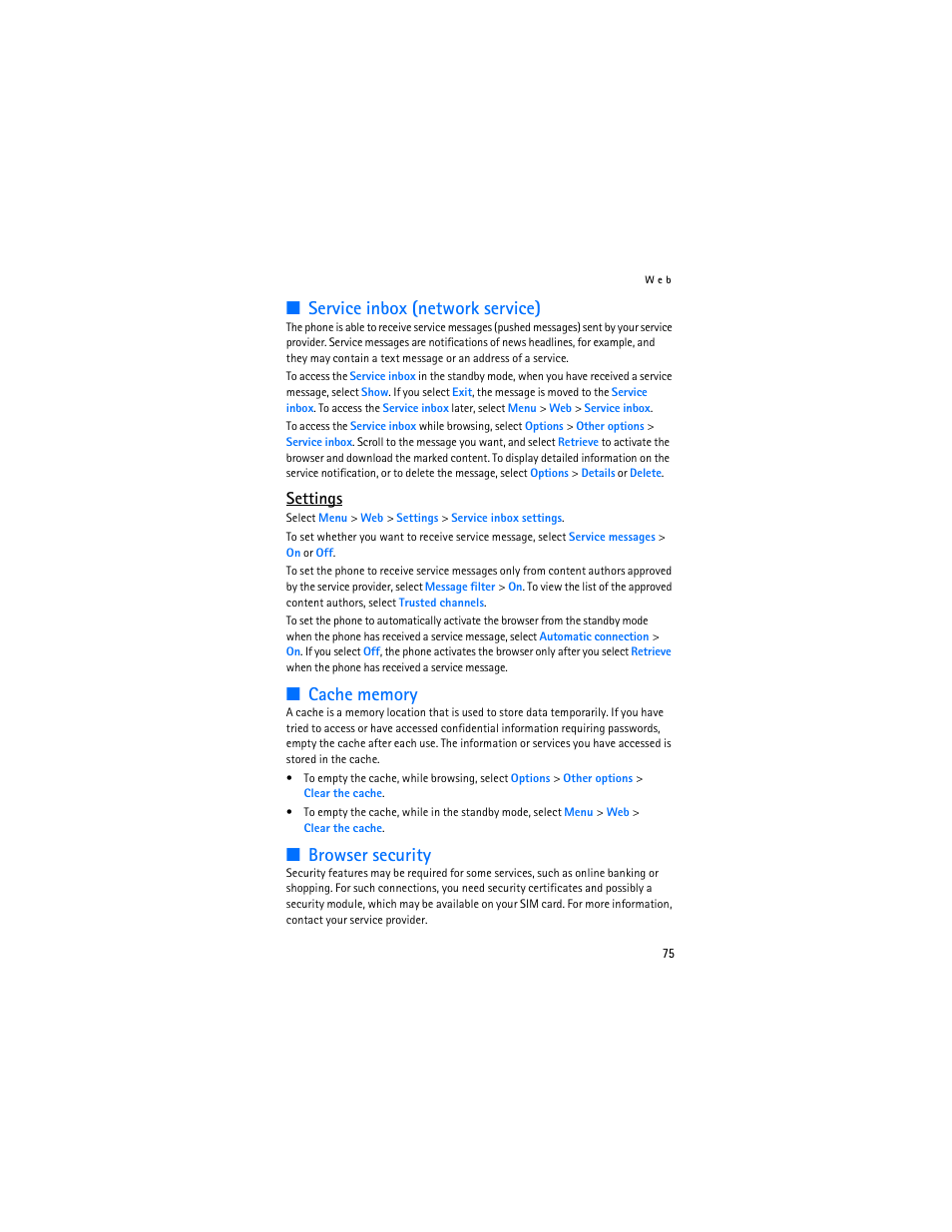 Cache memory, 75 fo, Browser security | Service inbox (network service), Settings | Nokia 8801 User Manual | Page 76 / 209