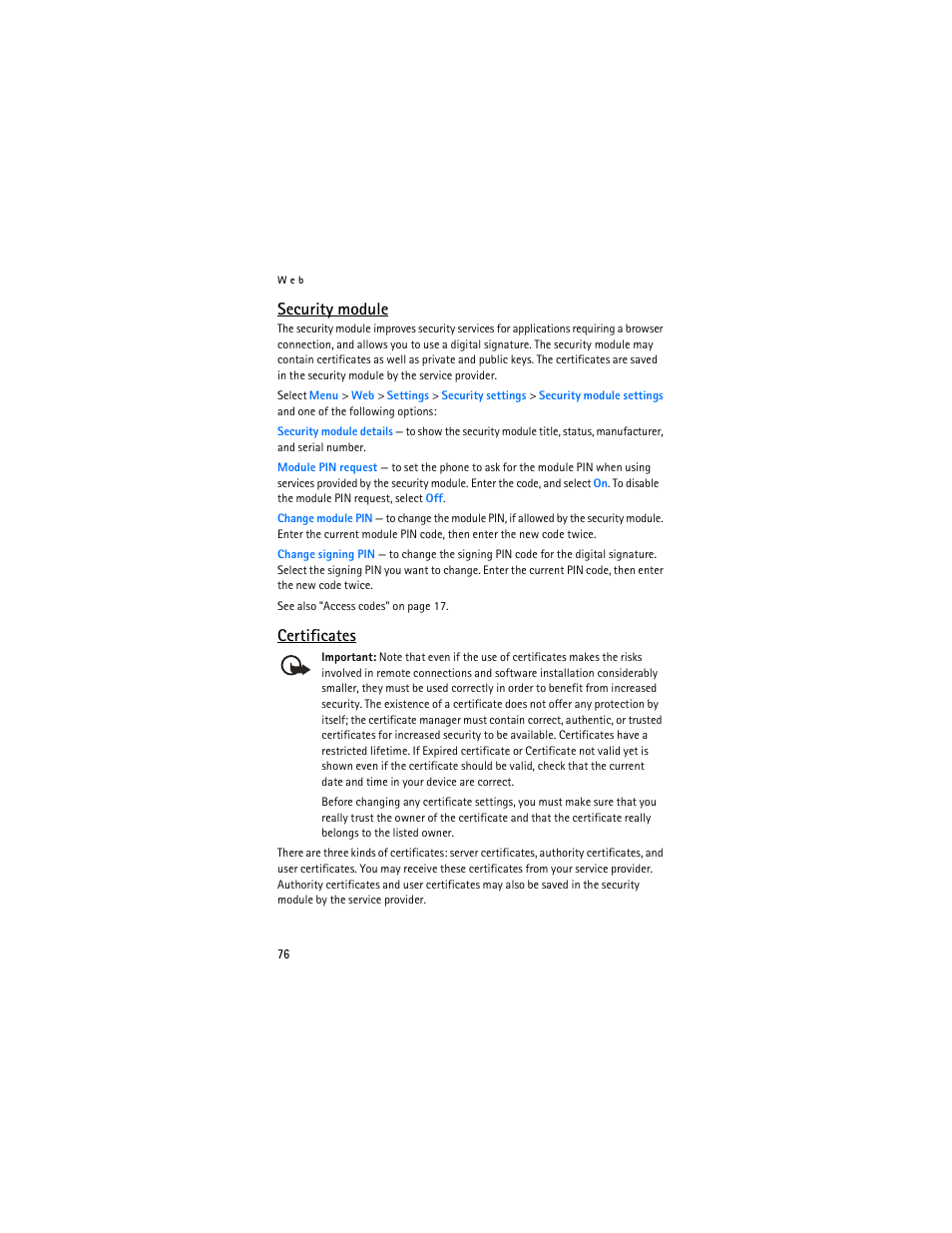 Security module, Certificates | Nokia 8801 User Manual | Page 77 / 209