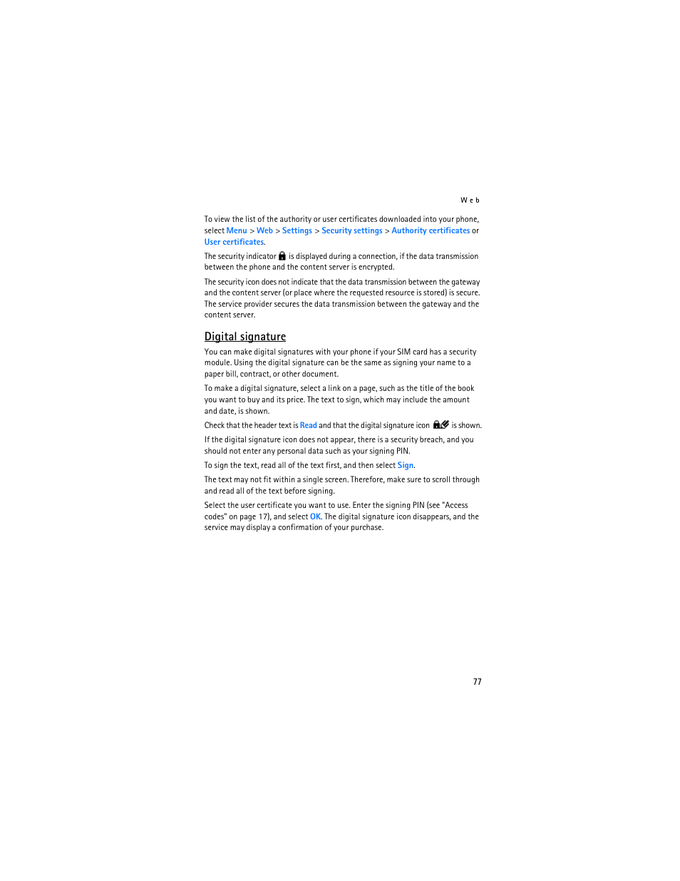 Digital signature | Nokia 8801 User Manual | Page 78 / 209