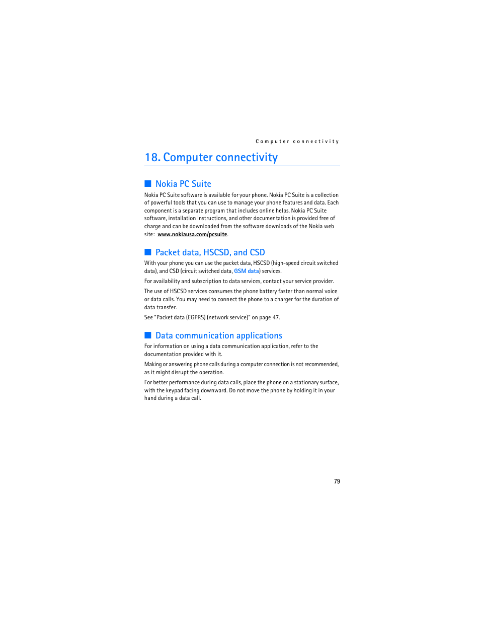 Computer connectivity, Nokia pc suite, Packet data, hscsd, and csd | Data communication applications | Nokia 8801 User Manual | Page 80 / 209