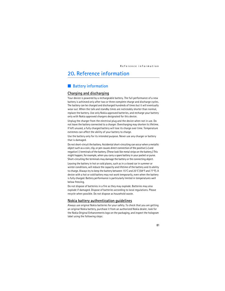 Reference information, Nokia battery authentication guidelines, Battery information | Nokia 8801 User Manual | Page 82 / 209