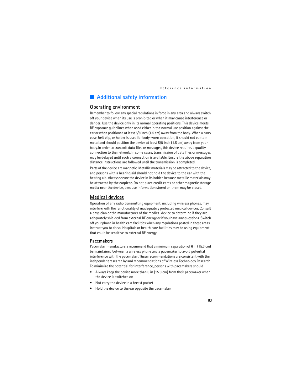 Additional safety information, Operating environment, Medical devices | Nokia 8801 User Manual | Page 84 / 209