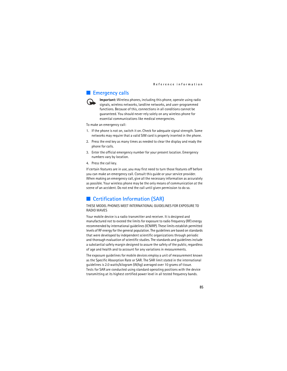 Emergency calls, Certification information (sar) | Nokia 8801 User Manual | Page 86 / 209