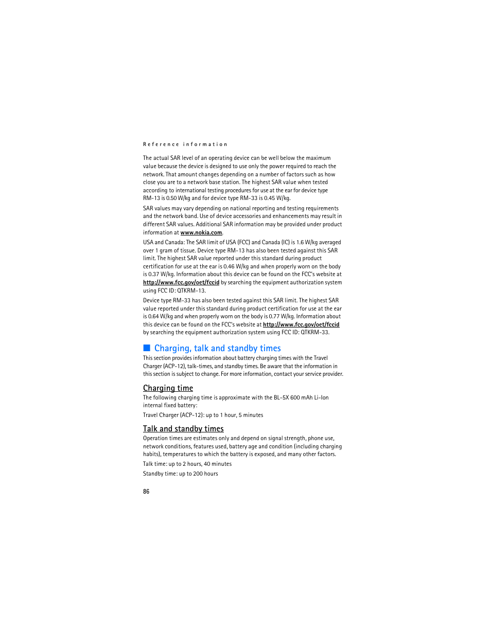 Charging, talk and standby times, Charging time, Talk and standby times | Nokia 8801 User Manual | Page 87 / 209