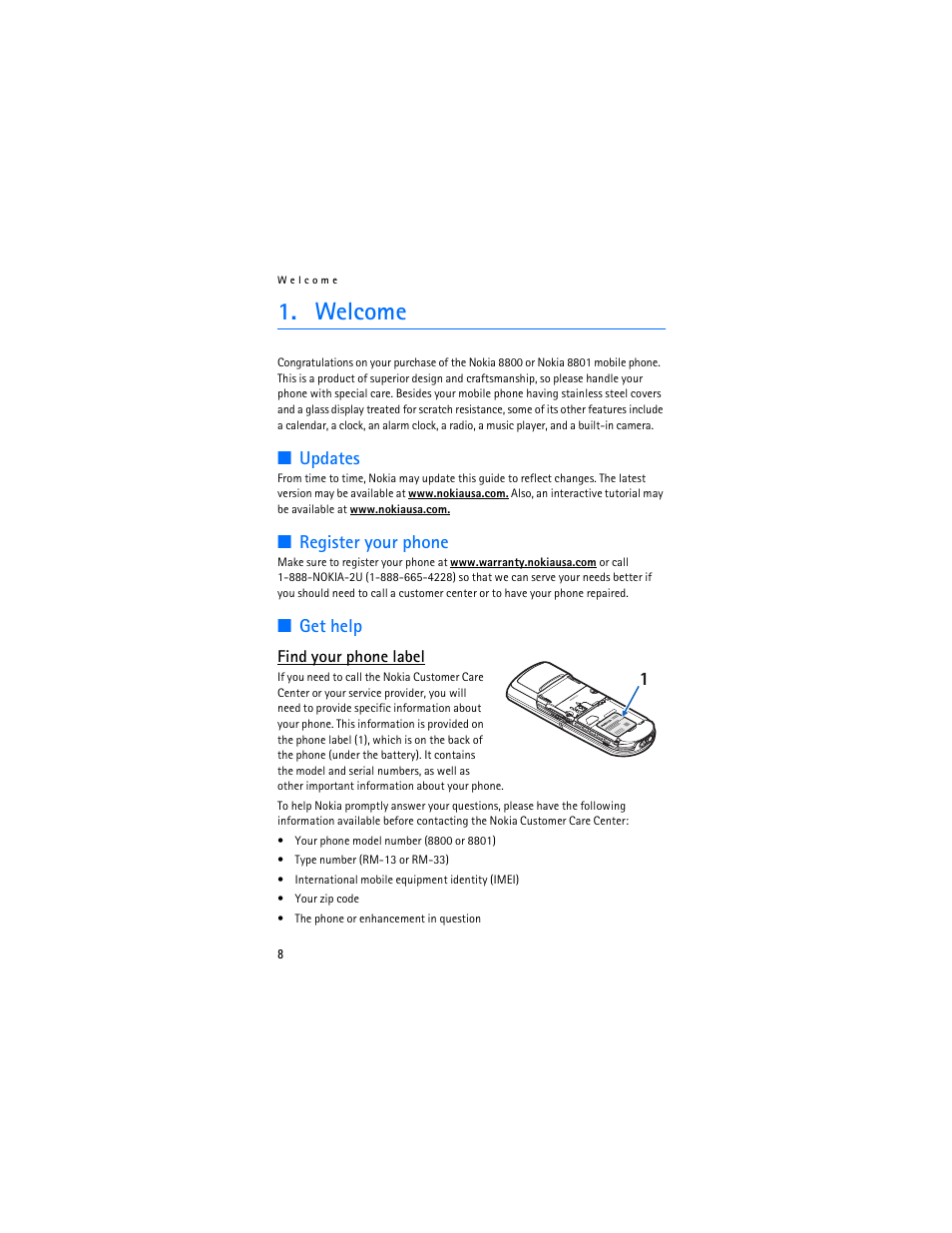 Welcome, Updates, Register your phone | Get help | Nokia 8801 User Manual | Page 9 / 209