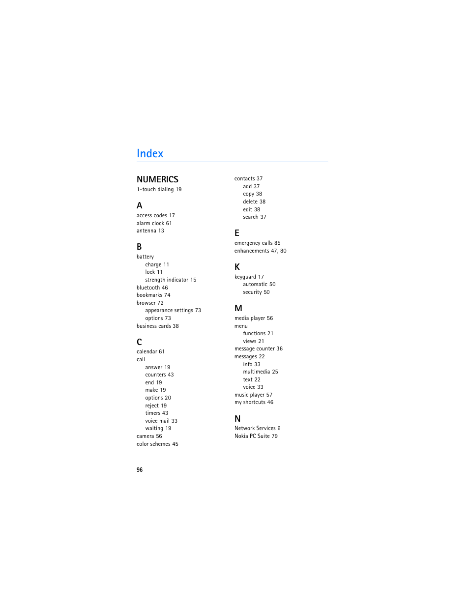 Index, Numerics | Nokia 8801 User Manual | Page 97 / 209