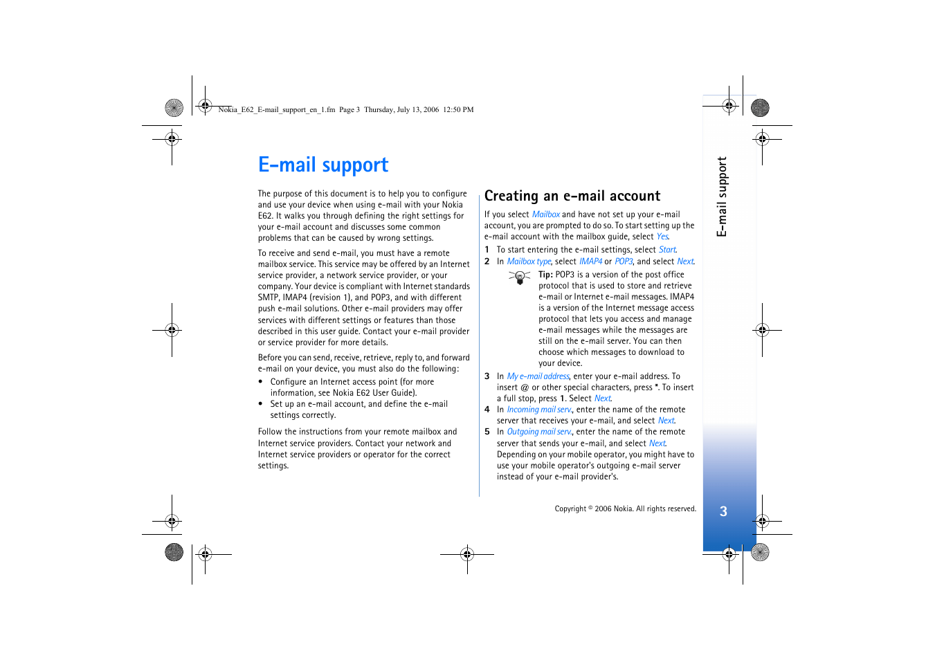 E-mail support, Creating an e-mail account | Nokia E62 User Manual | Page 3 / 7