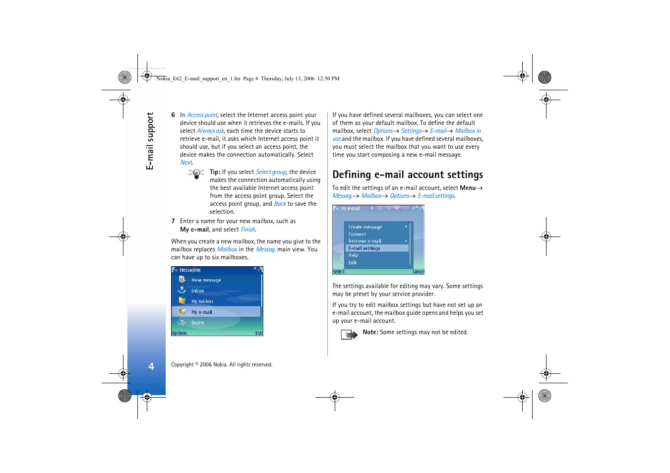 Defining e-mail account settings, E-mail support | Nokia E62 User Manual | Page 4 / 7