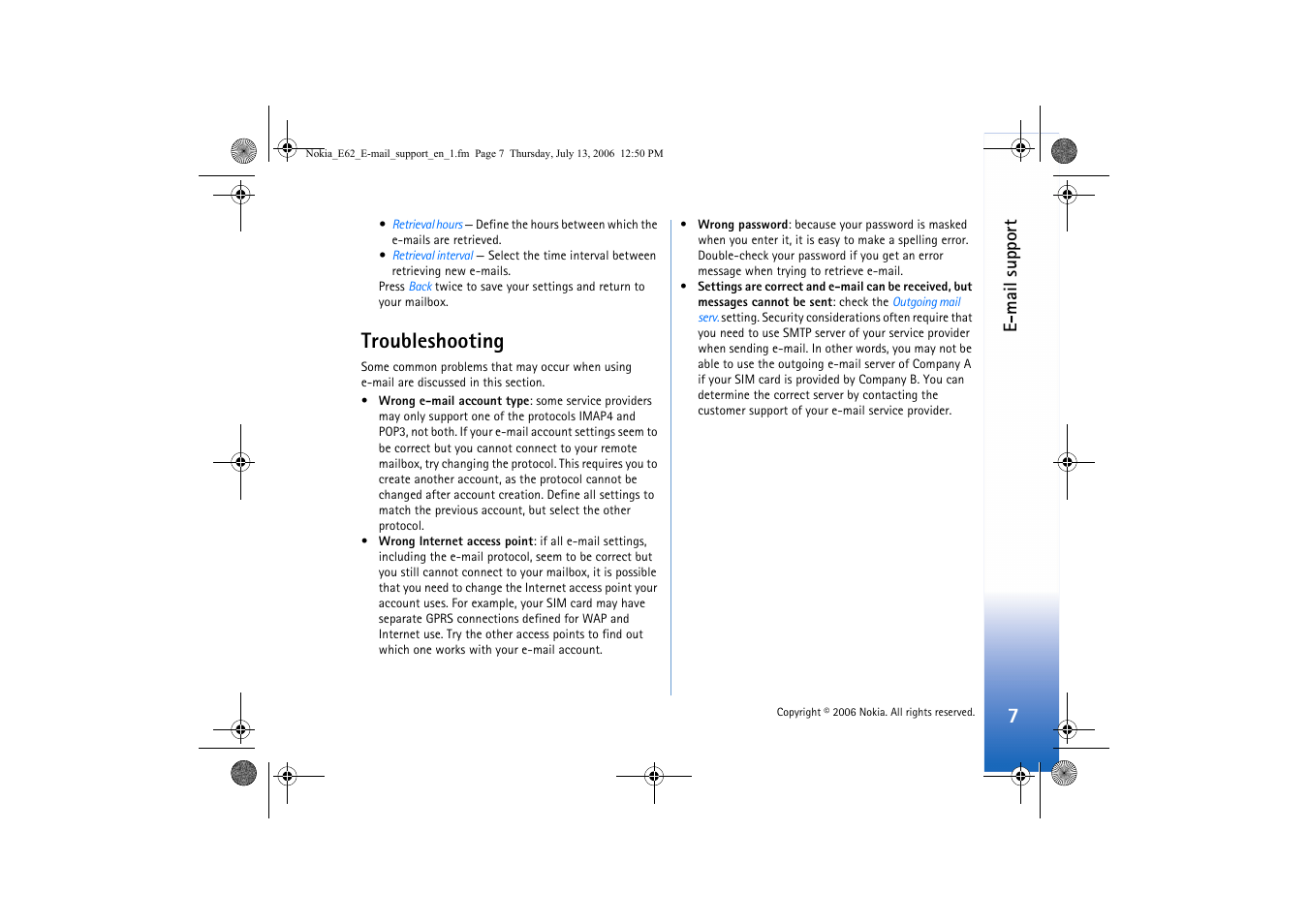 Troubleshooting, E-mail support | Nokia E62 User Manual | Page 7 / 7