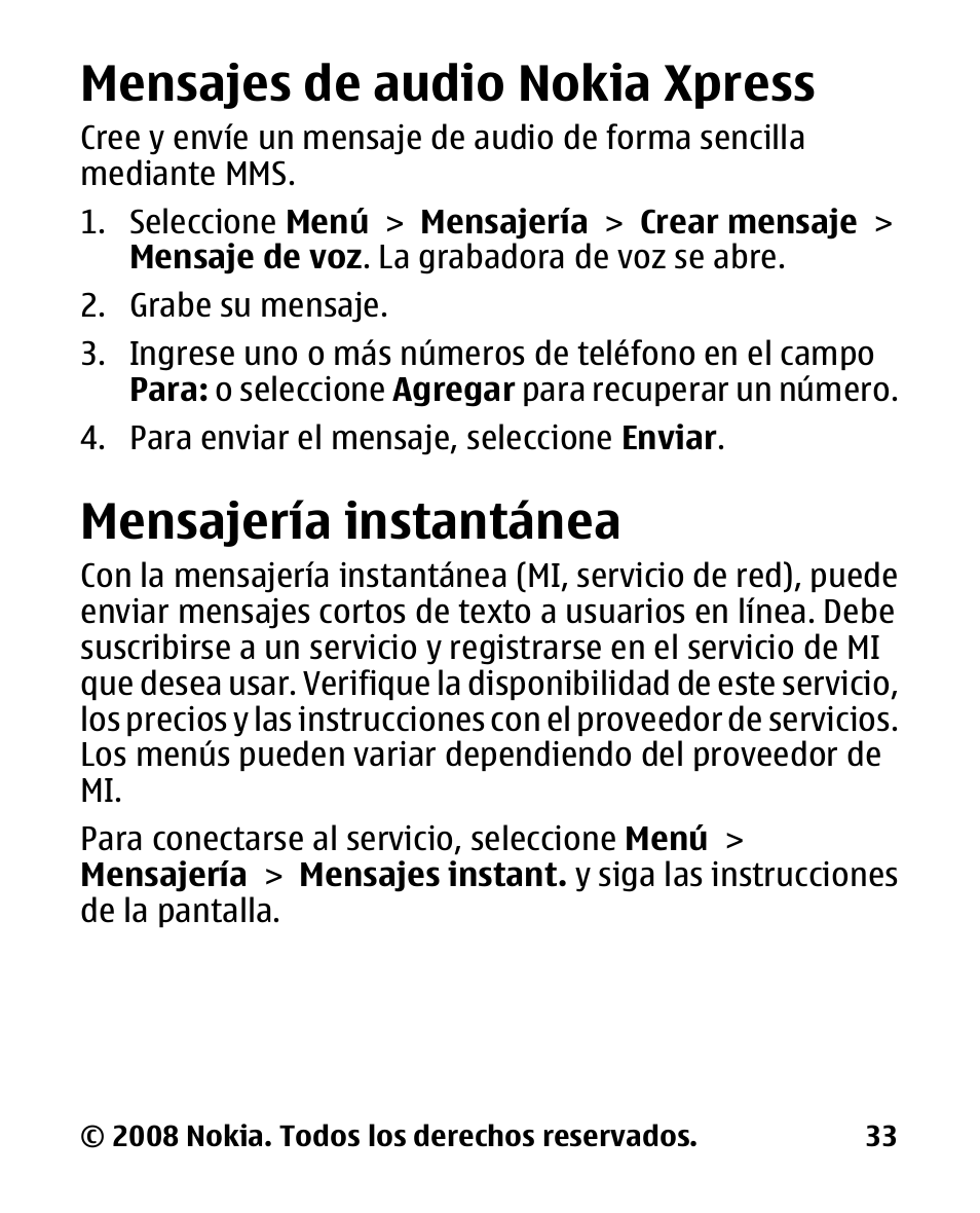 Mensajes de audio nokia xpress, Mensajería instantánea, Mensajes de audio nokia | Xpress | Nokia 2680 slide User Manual | Page 101 / 144