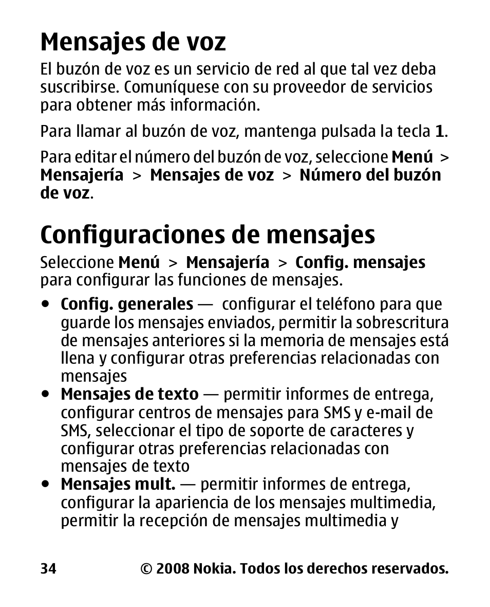 Mensajes de voz, Configuraciones de mensajes, Configuraciones de | Mensajes | Nokia 2680 slide User Manual | Page 102 / 144
