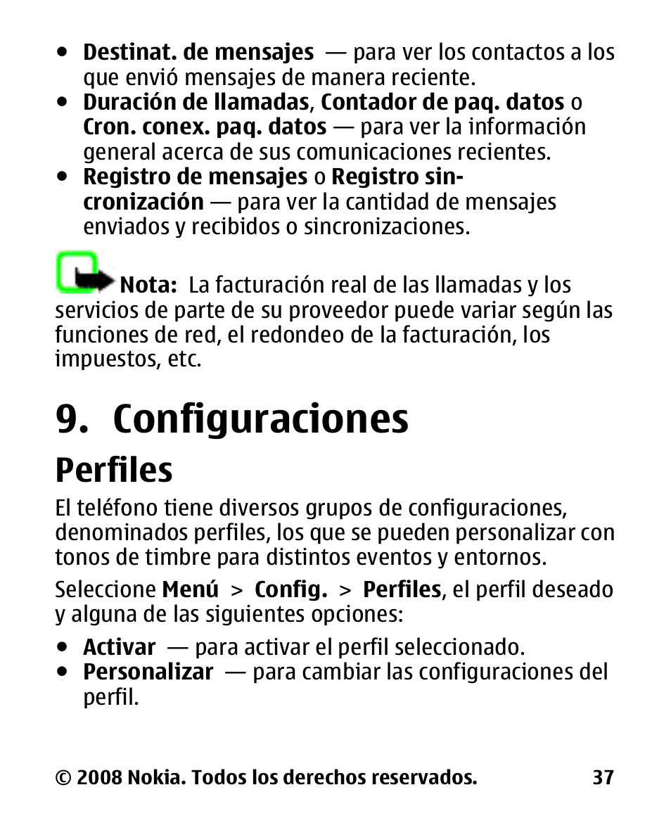 Configuraciones, Perfiles | Nokia 2680 slide User Manual | Page 105 / 144