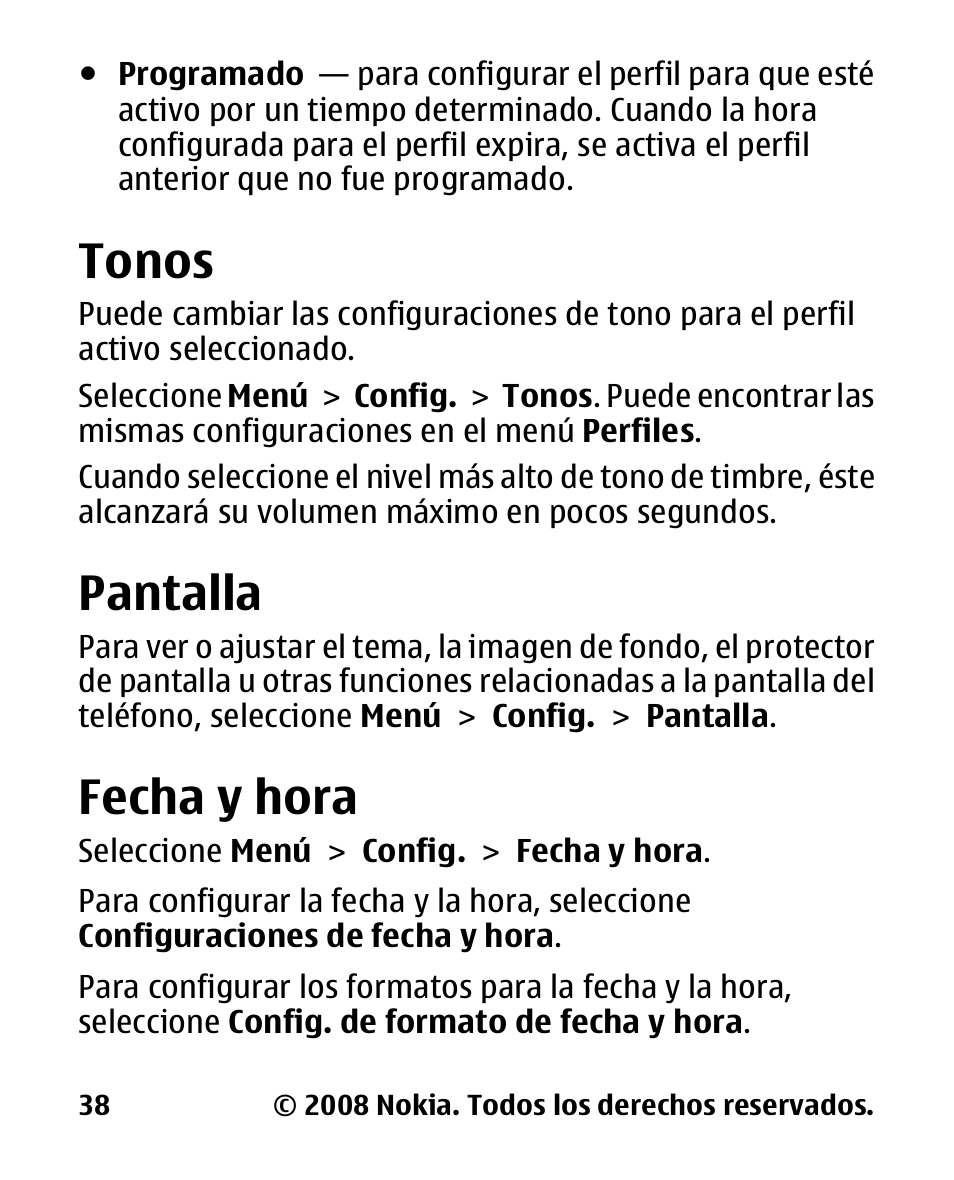 Tonos, Pantalla, Fecha y hora | Nokia 2680 slide User Manual | Page 106 / 144