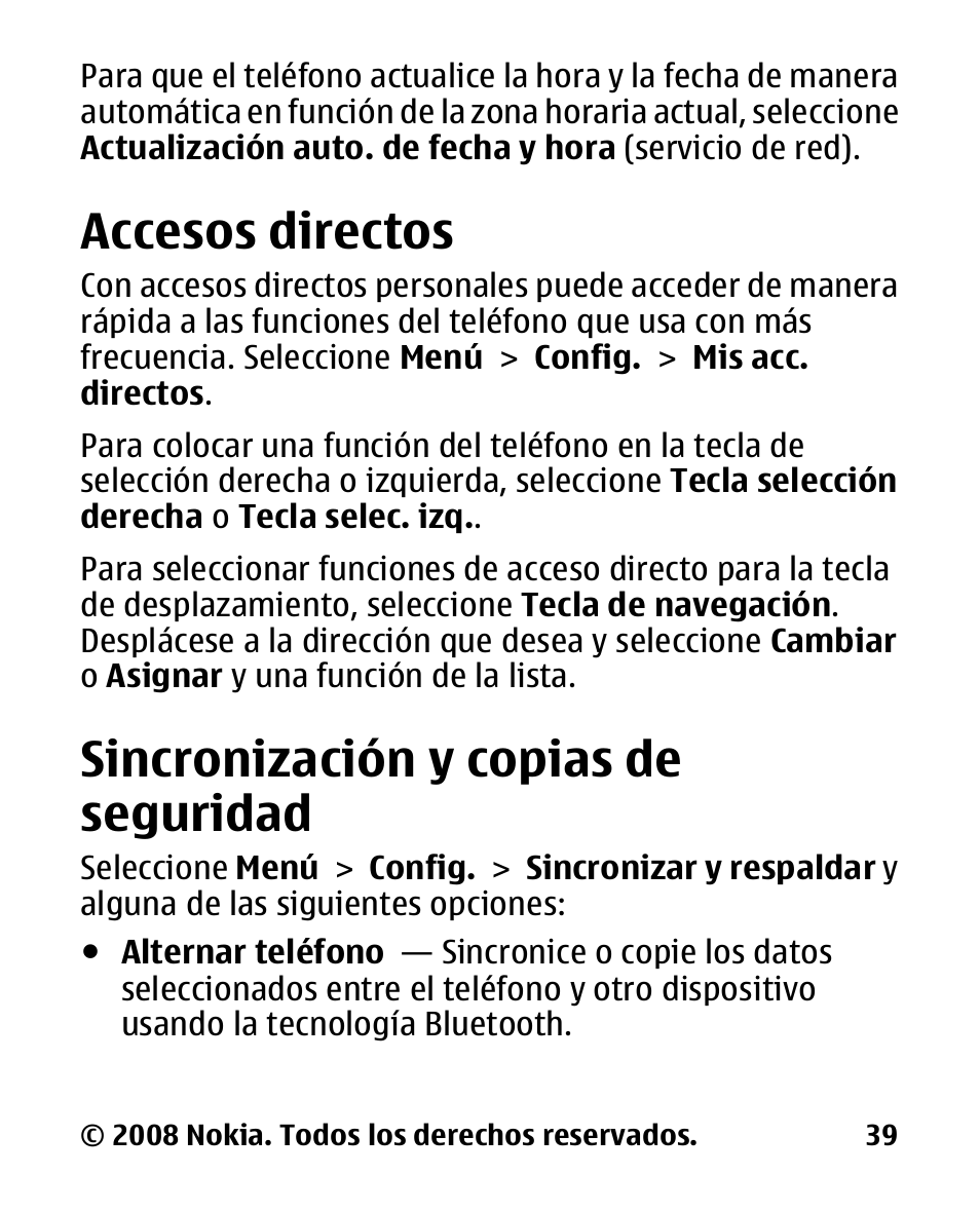 Accesos directos, Sincronización y copias de seguridad, Sincronización y copias | De seguridad | Nokia 2680 slide User Manual | Page 107 / 144