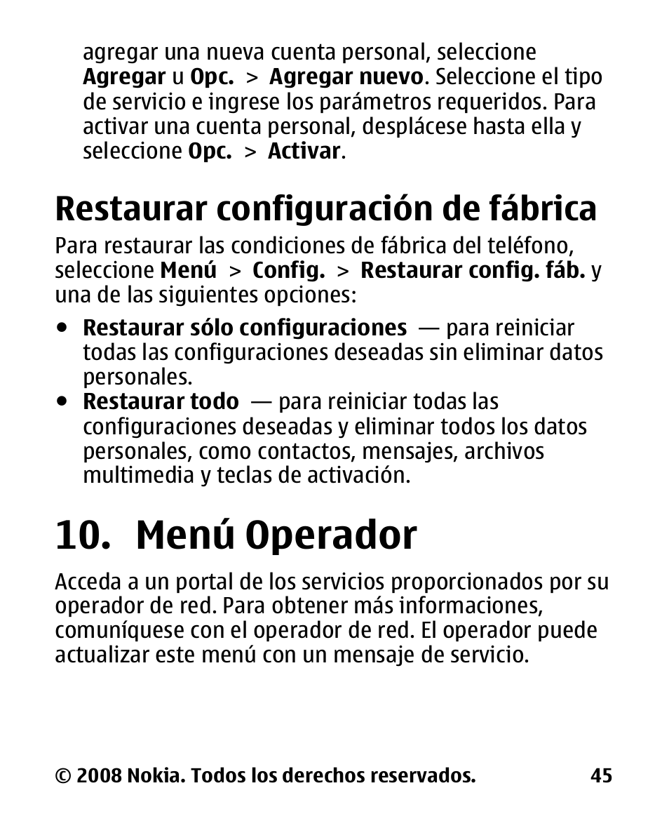 Restaurar configuración de fábrica, Menú operador, Restaurar configuración | De fábrica | Nokia 2680 slide User Manual | Page 113 / 144