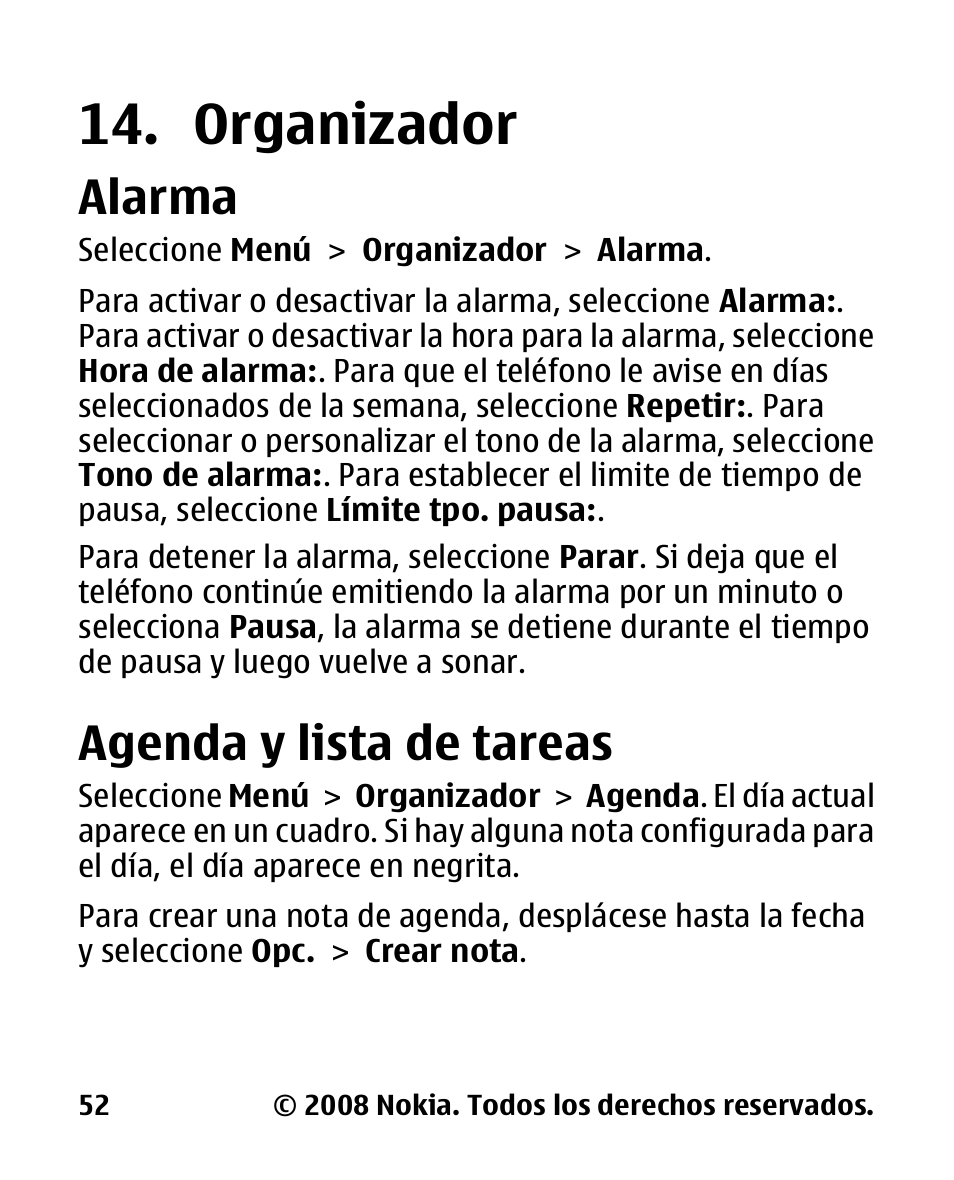 Organizador, Alarma, Agenda y lista de tareas | Nokia 2680 slide User Manual | Page 120 / 144