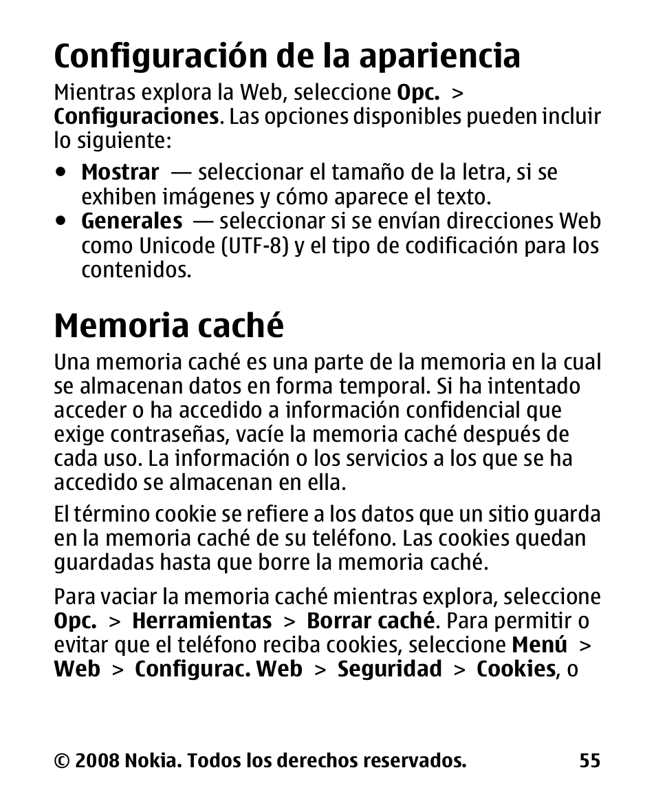 Configuración de la apariencia, Memoria caché, Configuración de la | Apariencia | Nokia 2680 slide User Manual | Page 123 / 144