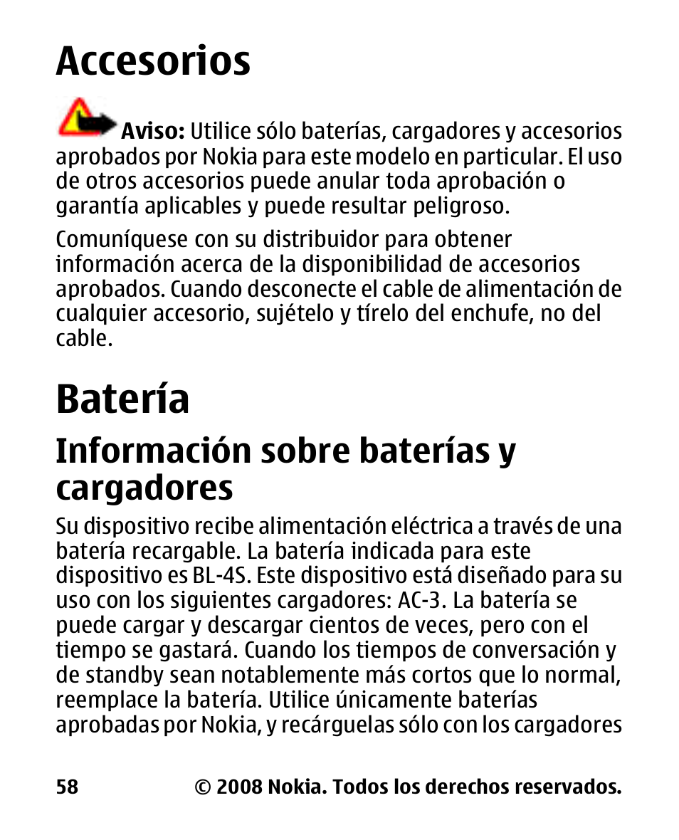Accesorios, Batería, Información sobre baterías y cargadores | Accesorios batería, Información sobre, Baterías y cargadores | Nokia 2680 slide User Manual | Page 126 / 144