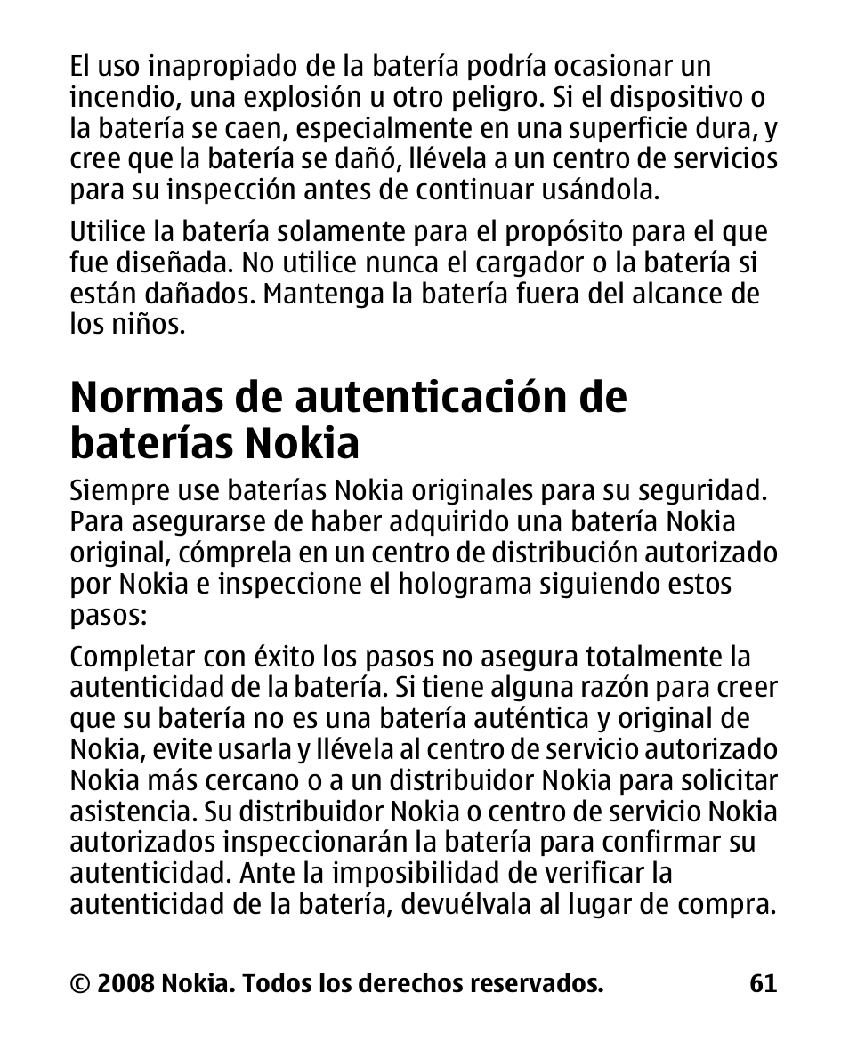 Normas de autenticación de baterías nokia, Normas de autenticación, De baterías nokia | Nokia 2680 slide User Manual | Page 129 / 144