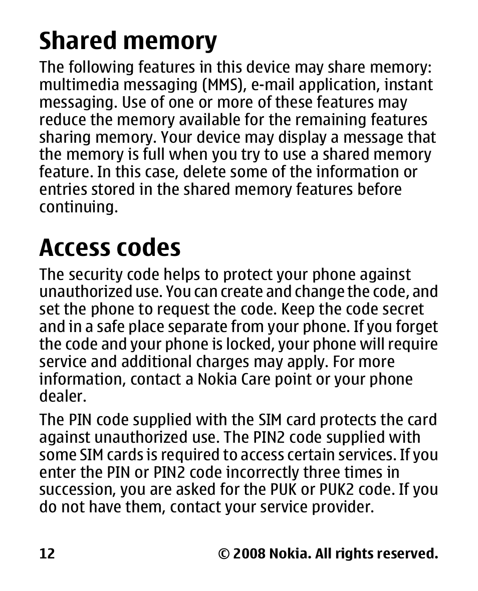 Shared memory, Access codes | Nokia 2680 slide User Manual | Page 13 / 144