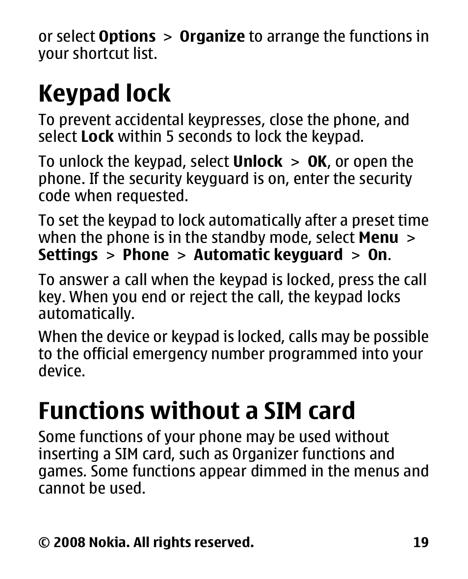 Keypad lock, Functions without a sim card, Functions without a sim | Card | Nokia 2680 slide User Manual | Page 20 / 144