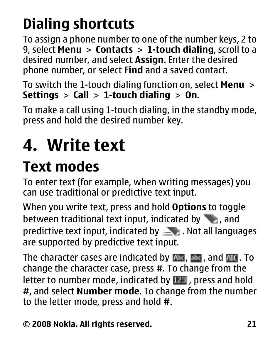 Dialing shortcuts, Write text, Text modes | Nokia 2680 slide User Manual | Page 22 / 144